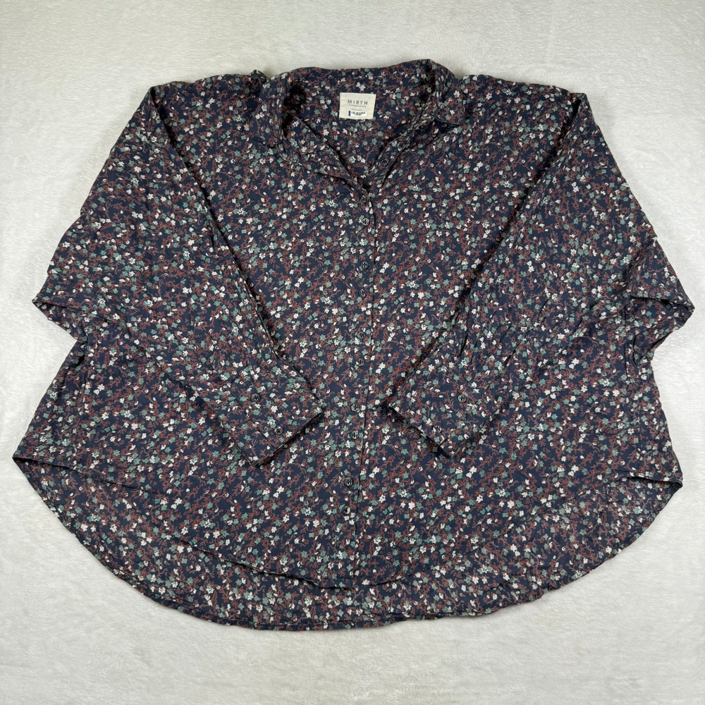 Mirth Handmade Edition Cotton Floral Button Down Shirt Navy Blue Oversized L